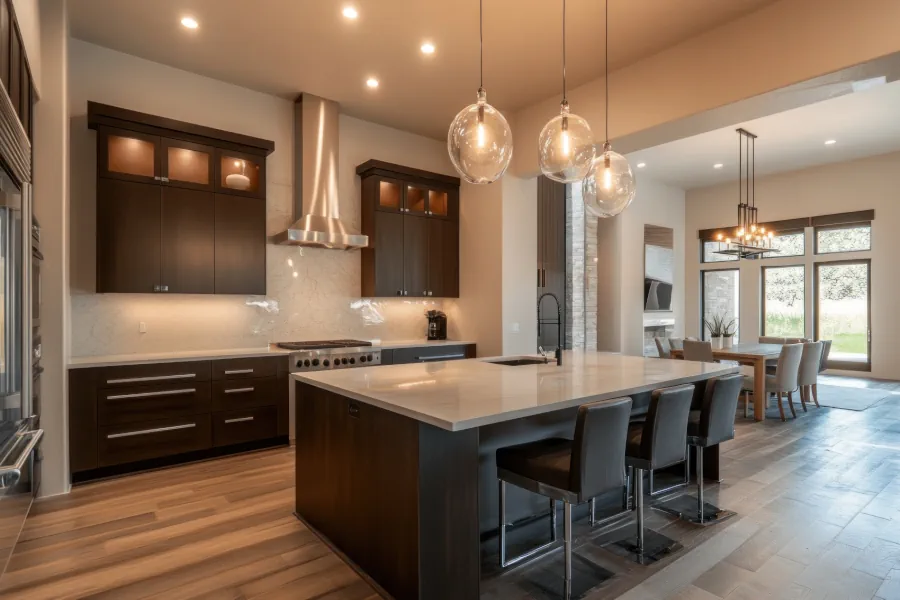 Contemporary Kitchen Fitters with Dark Wood Cabinets and Grey Quartz/Engineered Stone Island