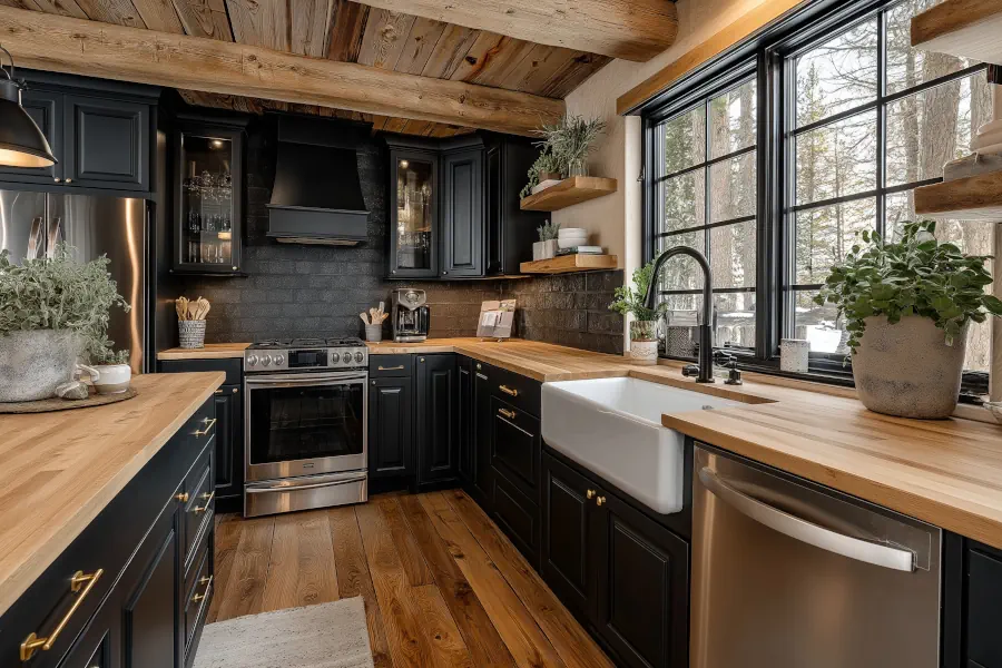 Edinburgh Independent Farmhouse Kitchen Installation with Black Shaker Cabinets, Butcher Block Countertops and Belfast Sink
