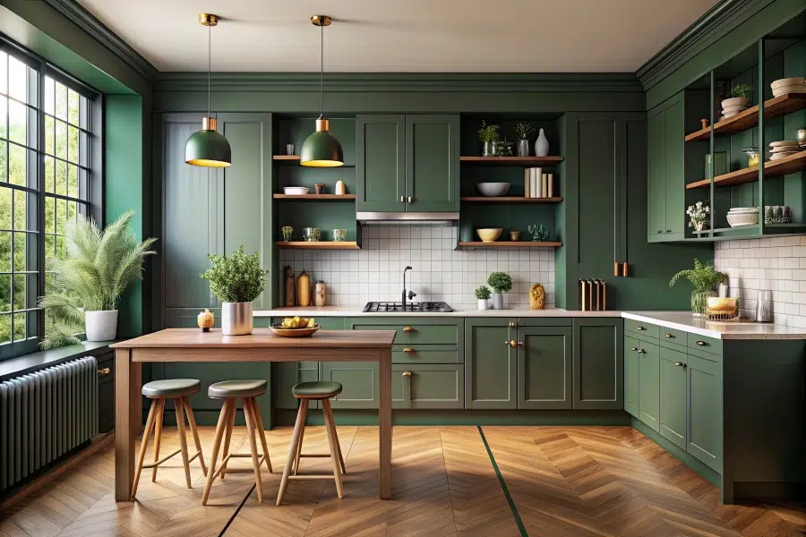 Edinburgh Independent Shaker Kitchen Installation with Green Cabinets and Open Wooden Shelving