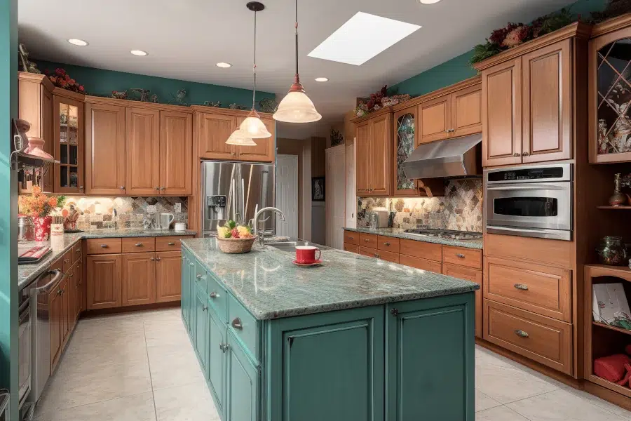 Independent Traditional Kitchen Installation in Edinburgh with Natural Oak Cabinets, Teal Painted Island and Granite Countertop