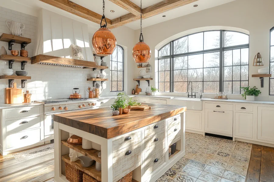 Farmhouse Kitchen Fitters with White Cabinets, Butcher Block Island and White Quartz Countertops