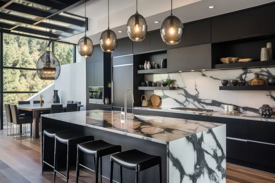 Contemporary Kitchen Installation in Kingsknowe Edinburgh with Black Matte Cabinets and Engineered Stone Waterfall Island
