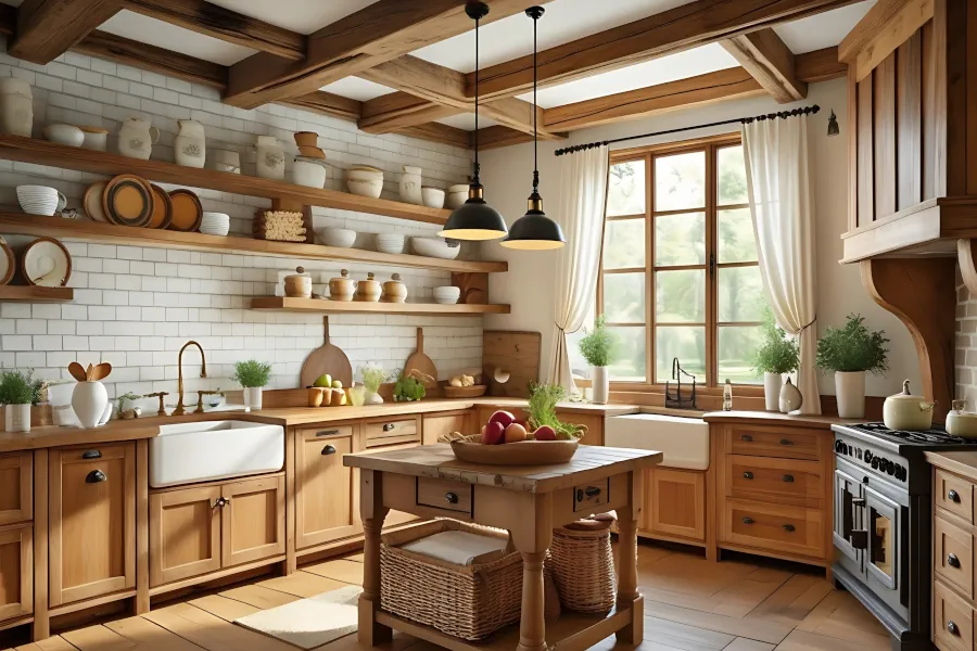 Kingsknowe Kitchens Scotland Farmhouse Design with Natural Wood Cabinets, Butcher Block Countertops and Belfast Sinks