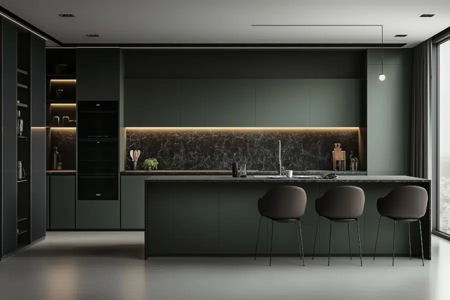Modern Kitchen Installation in Kingsknowe Scotland with Matte Green Cabinets and Black Marble Backsplash