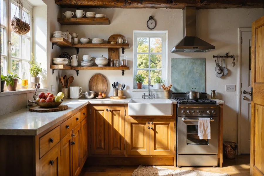 Kitchen Fitters Edinburgh Farmhouse Style with Natural Pine Cabinets, Grey Stone Countertops and Belfast Sink