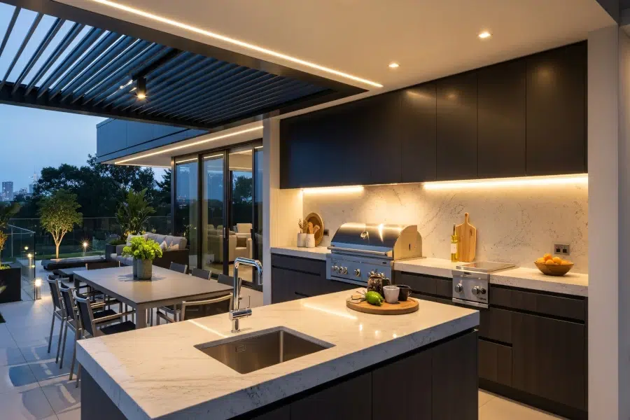 Modern Kitchen Fitters in Edinburgh with Dark Cabinets and Marble Countertops