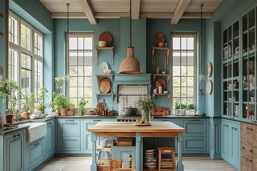 Farmhouse Kitchen Installation with Sage Green Cabinets and Butcher Block Island