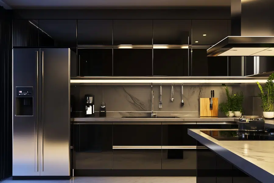 Modern Black Kitchen Installation with High-Gloss Cabinets, Under-Cabinet LED Lighting, and Premium Stainless Steel Appliances