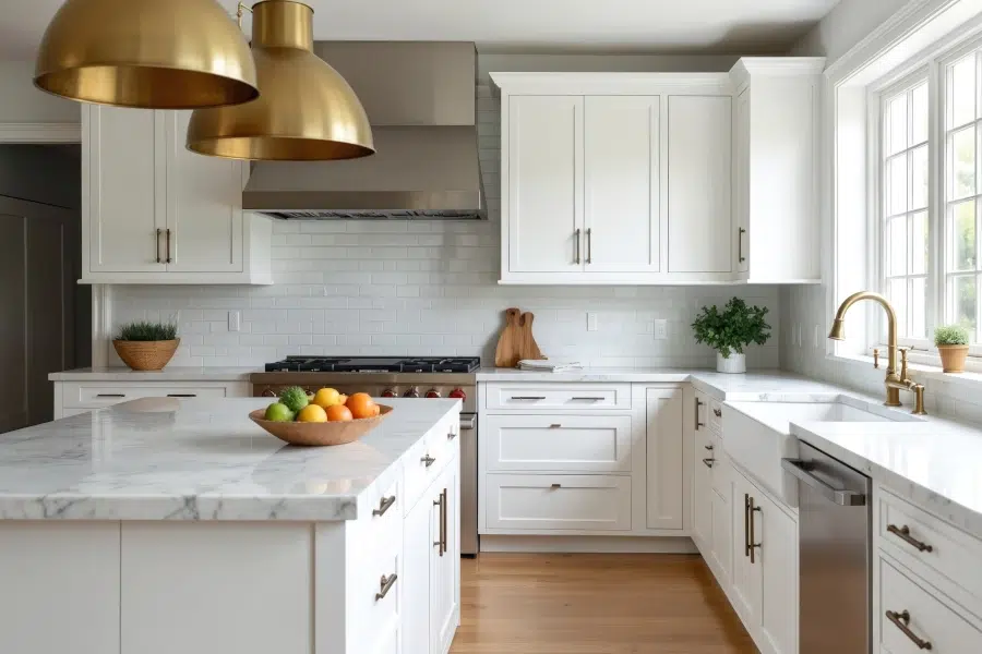 Local Independent Shaker Kitchen Expertise with White Cabinets and Marble Countertops