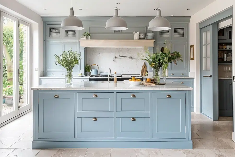 Shaker Kitchen Fitters with Pale Blue Cabinets, White Marble Countertops and Central Island